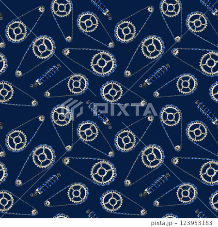 Seamless pattern with drive roller chain and shock absorber. Watercolor Illustration on dark blue background. Moto, bike equipment. Print product for motorcycle workshop and repair, merchandise Seamless pattern with drive roller chain and shock absorber. Watercolor Illustration on dark blue background. Moto, bike equipment. Print product for motorcycle workshop and repair, merchandise 123953183
