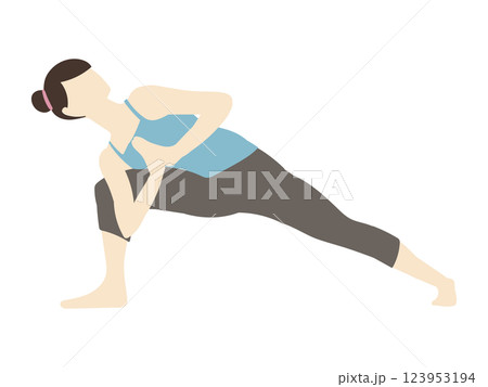 ヨガのプレイヤーズツイストポーズをする団子頭の女性 123953194