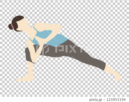 Woman with bun doing yoga player's twist pose 123953194