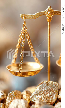 Close-up of a golden balance scale symbolizing justice and fairness. 123953219