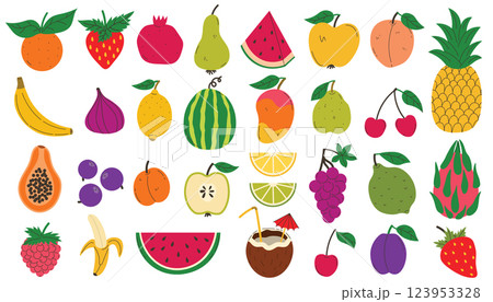 Set of colorful fruits and berries. Modern abstract minimal style. Natural tropical fruits collection. Set of colorful fruits and berries. Modern abstract minimal style. Natural tropical fruits collection. 123953328
