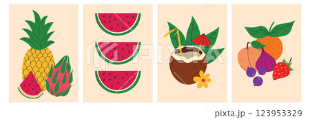 Bright summer posters set with fruits and berries. Summer juicy cards with watermelon and pineapple, coconut and strawberry. 123953329