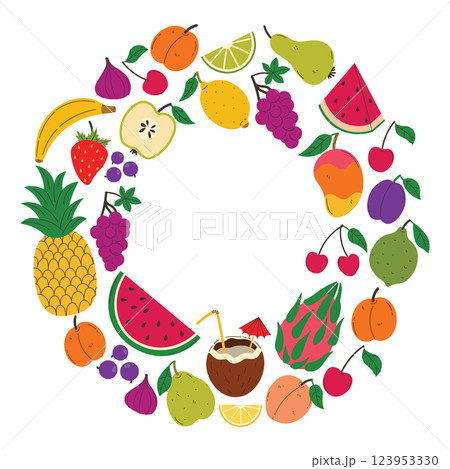 Bright summer round border with fruits and berries isolated on white background. Summer juicy frame. Bright summer round border with fruits and berries isolated on white background. Summer juicy frame. 123953330