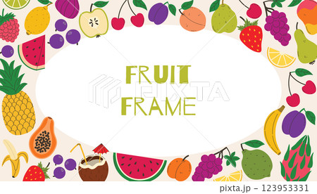 Bright summer border with fruits and berries. Summer juicy frame with watermelon and pineapple, strawberry and more. Bright summer border with fruits and berries. Summer juicy frame with watermelon and pineapple, strawberry and more. 123953331