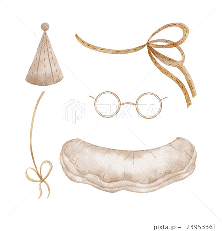 Retro set of clothes, party hat, collar bow. Outfit for doll, teddy, toys, clown. Watercolor hand drawn illustration on isolated for children's dress up game, circus, masquerade, greeting cards design 123953361