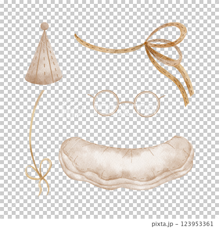 Retro set of clothes, party hat, collar bow. Outfit for doll, teddy, toys, clown. Watercolor hand drawn illustration on isolated for children's dress up game, circus, masquerade, greeting cards design 123953361