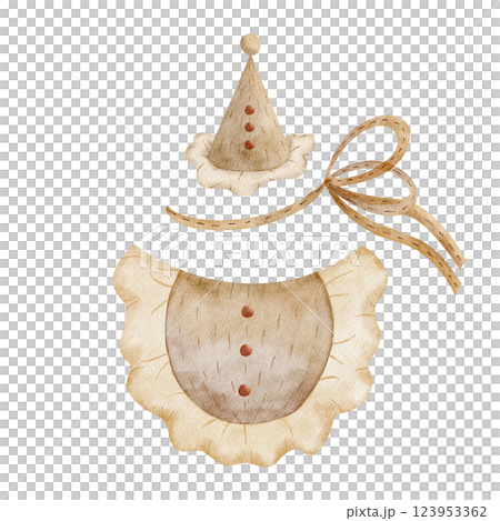 Vintage clothes party hat, collar, bow. Outfit for doll, teddy bear, toys. Watercolor hand drawn illustration on isolated white background for kids dress up game, party greeting card design kids Vintage clothes party hat, collar, bow. Outfit for doll, teddy bear, toys. Watercolor hand drawn illustration on isolated white background for kids dress up game, party greeting card design kids 123953362