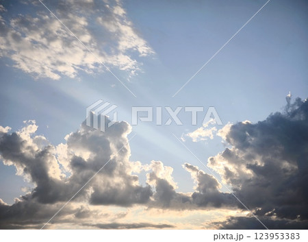 The background of the sunset sky landscape is the natural color of the evening cloudy landscape with the light of the setting sun penetrating through The background of the sunset sky landscape is the natural color of the evening cloudy landscape with the light of the setting sun penetrating through 123953383