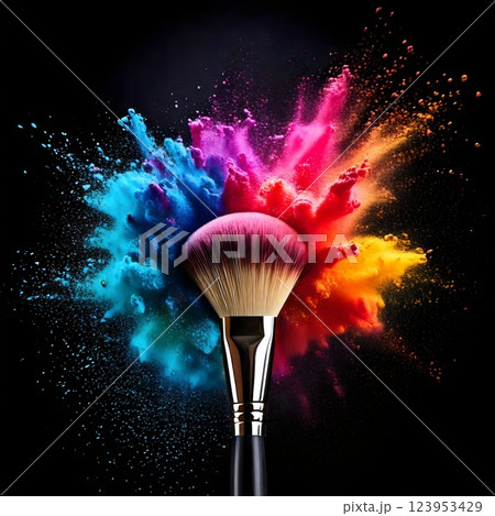 Makeup brush with a colorful powder explosion against a black background. 123953429