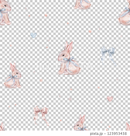 Watercolor seamless pattern with cute white rose bunny with blue bow and polka dots. Repeat pattern pastel color with rabbit. Tender watercolor hand drawn illustration for holiday or kids design. Watercolor seamless pattern with cute white rose bunny with blue bow and polka dots. Repeat pattern pastel color with rabbit. Tender watercolor hand drawn illustration for holiday or kids design. 123953438