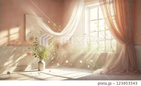 A dreamy sunlit room with flowing curtains, delicate wildflowers, and soft golden light. Generated AI. 123953543