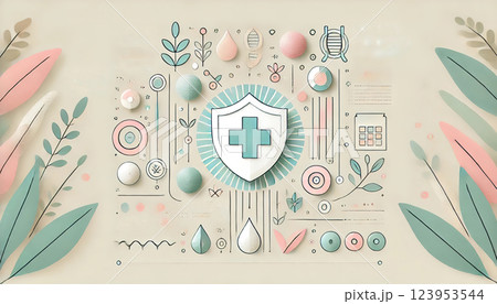 A pastel-colored abstract illustration of health, immunity, and wellness with a shield symbol and organic elements. Generated AI. 123953544