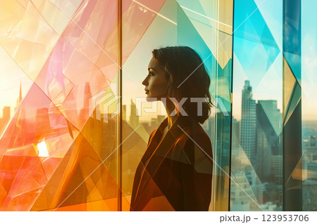 Businesswoman reflects on opportunities while gazing at the city skyline through colored glass windows at sunset 123953706