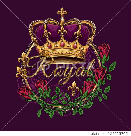 Circular label with imperial golden crown, fleur de lis sign, red roses, text Royal. Detailed composition in vintage style. Circular label with imperial golden crown, fleur de lis sign, red roses, text Royal. Detailed composition in vintage style. 123953765
