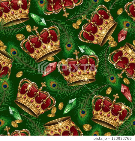 Seamless pattern with big imperial golden crown, peacock feathers, gemstone crystals, scattered coins on dark green background. Luxury kitsch design. Detailed composition in vintage style Seamless pattern with big imperial golden crown, peacock feathers, gemstone crystals, scattered coins on dark green background. Luxury kitsch design. Detailed composition in vintage style 123953769