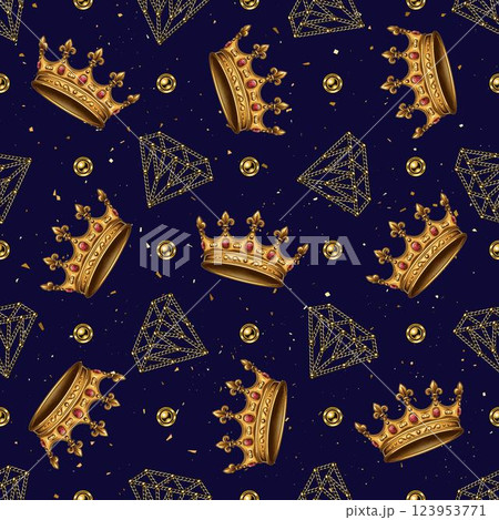 Seamless pattern with golden crown, diamonds, jewelry chains. Dark blue background. Vintage style. Seamless pattern with golden crown, diamonds, jewelry chains. Dark blue background. Vintage style. 123953771