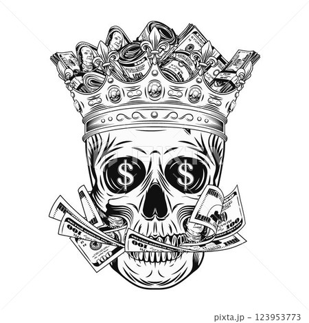 Composition with human skull in crown, with mouth full of cash money, 100 dollar bills. Concept of money power. Vintage style 123953773