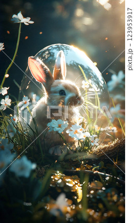 Cute rabbit sitting among flowers inside a bubble during a sunny afternoon in a serene garden. 123953917