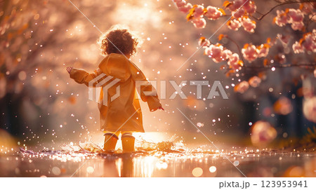 Child in yellow raincoat enjoys splashing in puddles under blooming trees during spring afternoon. 123953941