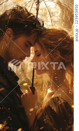 Romantic couple embracing under an umbrella in a sunlit forest during a golden autumn afternoon. 123953950