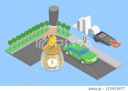 3D Isometric Flat Vector Illustration of EV Tax, Government Support 123953977