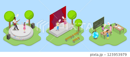 3D Isometric Flat Vector Illustration of Summer Vacation Camps, Hobbies and Performance 123953979