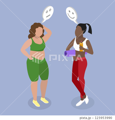 3D Isometric Flat Vector Illustration of Female Fitness Trainer, Before and After Losing Weight 3D Isometric Flat Vector Illustration of Female Fitness Trainer, Before and After Losing Weight 123953990