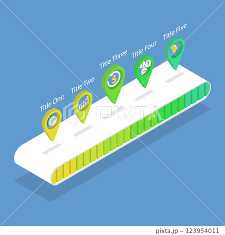 3D Isometric Flat Vector Illustration of Workflow, Five-Step Process Using Pointer Scale 123954011