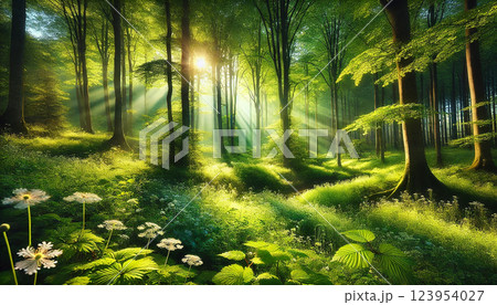 朝陽が差し込む幻想的な森の風景 123954027