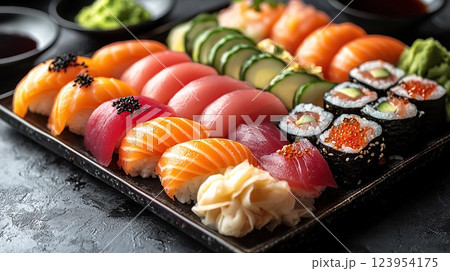 Sushi platter showcasing a variety of fresh fish and rolls served on a dark stone table 123954175