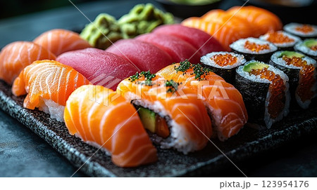 Fresh sushi assortment featuring salmon, tuna, and various rolls served with wasabi and soy sauce 123954176