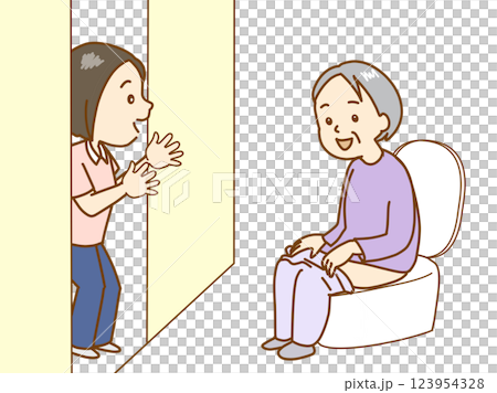トイレの高齢者に声をかける介護士 123954328