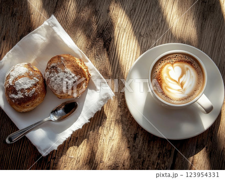 cup of cappuccino and sweet buns 123954331