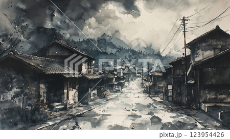 モノクロ水彩画の静かな山間の町並み 123954426
