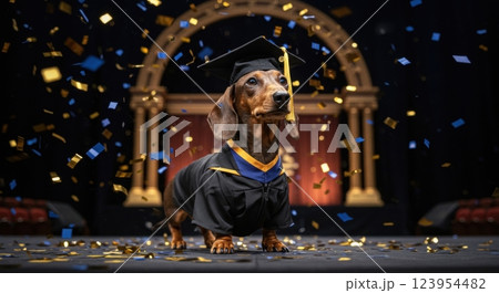 A dachshund in a graduation cap and gown stands proudly on stage with confetti falling - dog in cap and gown 123954482