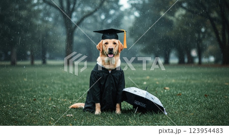 Happy dog in graduation cap sitting on wet grass with umbrella in rain, celebrating - dog in cap and gown 123954483