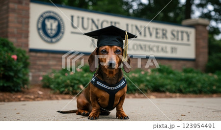 A proud dachshund wearing a graduation cap and gown poses at a university campus - dog in cap and gown 123954491