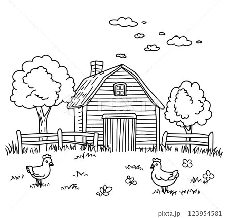 cute farm landscape with house and chickens. kids doodle illustration, coloring book	 123954581