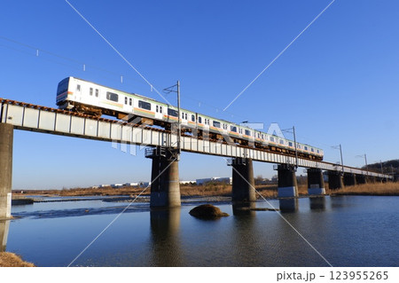 多摩川鉄橋を渡る八高線電車 多摩川鉄橋を渡る八高線電車 123955265
