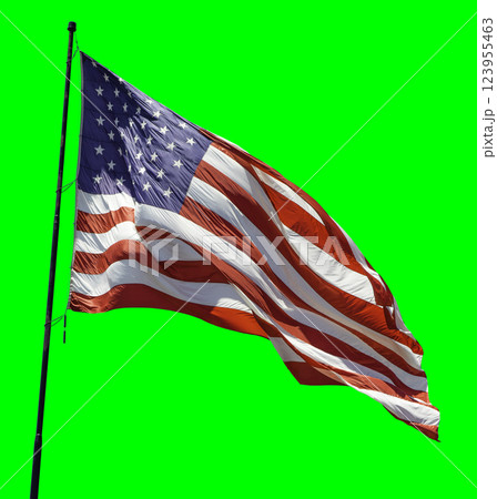 American Flag Waving In The Wind on a Flag Pole Over a Green Screen. 123955463