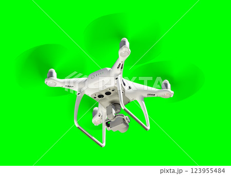 Isolated Unmanned Aircraft System (UAV) Quadcopter Drone In The Air Over A Green Screen. Isolated Unmanned Aircraft System (UAV) Quadcopter Drone In The Air Over A Green Screen. 123955484