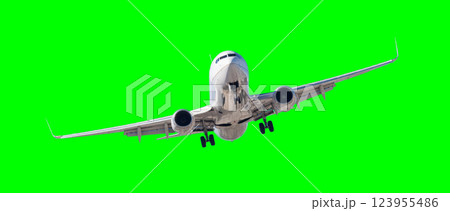 Passenger Airplane Either Taking Off or Landing Over a Green Screen. 123955486