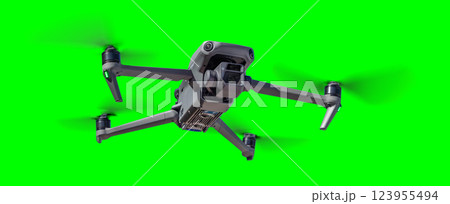Isolated Unmanned Aircraft System (UAV) Quadcopter Drone In The Air Over A Green Screen. 123955494