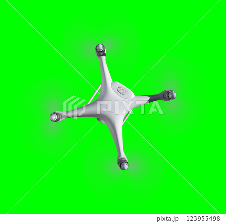 Isolated Top View of an Unmanned Aircraft System (UAV) Quadcopter Drone In The Air Over A Green Screen. 123955498