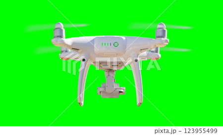 Isolated Unmanned Aircraft System (UAV) Quadcopter Drone In The Air Over A Green Screen. 123955499