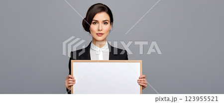 Smiling Woman Holding Blank Signboard for Custom Text - Perfect for Cards, Rallies, Promotions 123955521