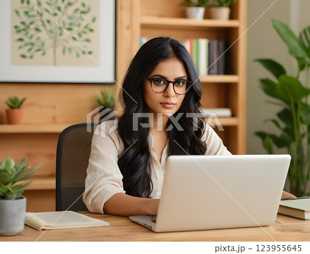 Focused Young Woman Working on Laptop in Modern Library Focused Young Woman Working on Laptop in Modern Library 123955645