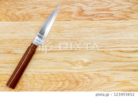木の背景にフルーツナイフ 123955652