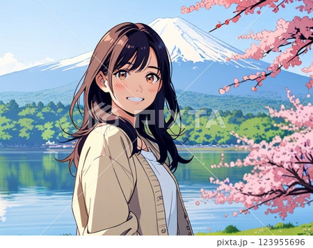 富士山と桜をバックに笑顔の女性 123955696