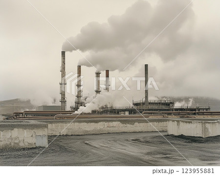 An industrial refinery with numerous smokestacks emitting thick black and gray smoke, indicating heavy pollution. The scene highlights environmental concerns related to industrial emissions. An industrial refinery with numerous smokestacks emitting thick black and gray smoke, indicating heavy pollution. The scene highlights environmental concerns related to industrial emissions. 123955881